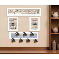 Set Of Four Kitchen Collection VI with Seven Peg Mug Rack 4 White Framed Print Kitchen Wall Art