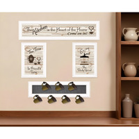 Set Of Four Kitchen Collection Seven Peg Mug Rack White Framed Print Kitchen Wall Art