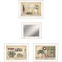 Set Of Four Garden Bath White Framed Bathroom Wall Art And Mirror With Hooks