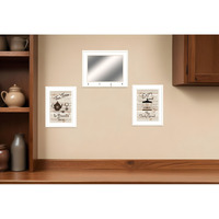 Set Of Three Coffee And Tea White Framed Kitchen Wall Art With Mirror And Hooks