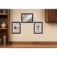 Set Of Three Coffee and Tea Time Black Framed Kitchen Wall Art With Mirror