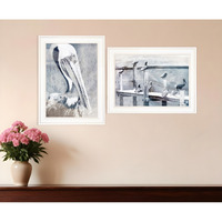 Set Of Two Pelican Party White Framed Coastal Wall Art