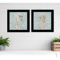 Set Of Two Coral Seahorse Black Framed Print Wall Art