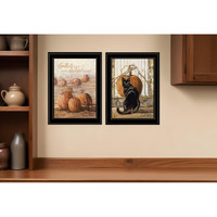 Set Of Two Pumpkins with A Black Cat Black Framed Print Wall Art