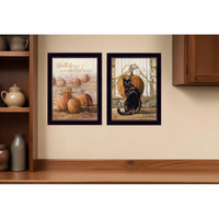 Set Of Two Pumpkins with A Black Cat Black Framed Print Wall Art