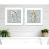 Set Of Two Coral Seahorse White Framed Print Wall Art