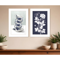 Set Of Two Tea Towers with Flowers Blue White Framed Print Kitchen Wall Art