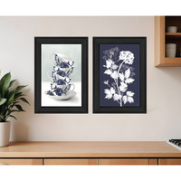 Set Of Two Tea Towers with Flowers Blue Black Framed Print Kitchen Wall Art