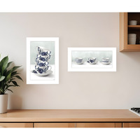 Set Of Two Tea tower with Cups and Sauces White Framed Print Kitchen Wall Art