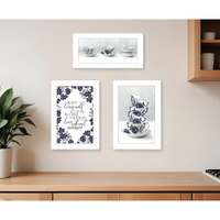 Set Of Three Tea tower with Cups and Sauces White Framed Print Kitchen Wall Art