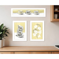 Set Of Three Tea Cups and Yellow Flowers White Framed Print Kitchen Wall Art