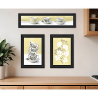Set Of Three Tea Cups and Yellow Flowers Black Framed Print Kitchen Wall Art