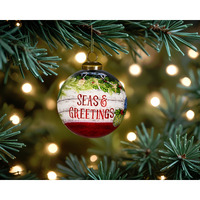 Holly Seas And Greetings Hand Painted Mouth Blown Glass Ornament