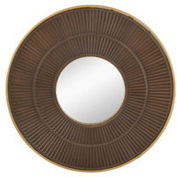 32" Brown and Gold Round Manufactured Wood and Metal Framed Accent Mirror