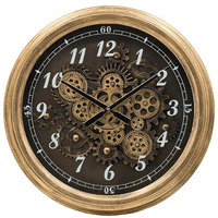 21" Circle Black and Gold Wood and Glass Analog Exposed Gear Wall Clock