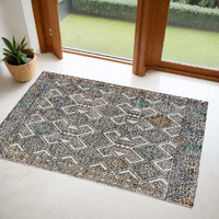 2' X 3' Black and Ivory Wool Chevron Hand Tufted Distressed Area Rug