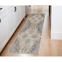 8' Gray and Brown Medallion Power Loom Distressed Runner Rug