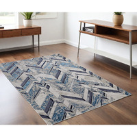 4' X 6' Ivory and Blue Chevron Power Loom Distressed Area Rug