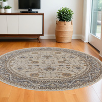 8' Brown and Ivory Round Oriental Power Loom Distressed Area Rug