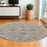 8' Brown and Ivory Round Oriental Power Loom Distressed Area Rug