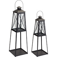 Set of Two Black Iron Ornate Tabletop Lantern Candle Holders