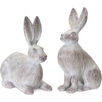 Set of Two 17" White Washed Polyresin Rabbit Figurine Tabletop Sculpture