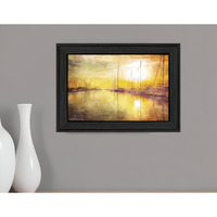 Yellow Sunset Boats In Marina Black Framed Print Wall Art