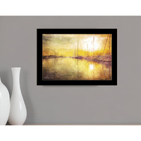 Yellow Sunset Boats In Marina Black Framed Print Wall Art