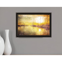 Yellow Sunset Boats In Marina Black Framed Print Wall Art