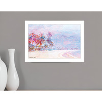 Rainbow Bright Sandy Beach with Umbrellas White Framed Print Wall Art