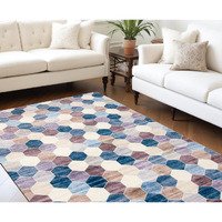 8' X 11' Ivory and Blue Geometric Distressed Area Rug