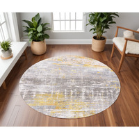 8' Gray and Yellow Round Abstract Non Skid Area Rug