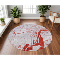 8' Red and White Round Abstract Non Skid Area Rug