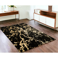 4' X 6' Black and Gold Faux Fur Abstract Shag Non Skid Area Rug