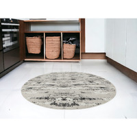 4' Black and Off White Round Abstract Washable Non Skid Area Rug