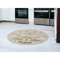 4' Gold and Ivory Round Abstract Washable Non Skid Area Rug