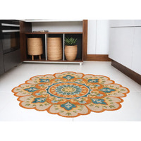 6' Orange and Blue Round Wool Floral Hand Tufted Area Rug