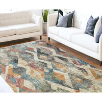 8' X 10' Beige Blue and Gray Geometric Distressed Area Rug With Fringe