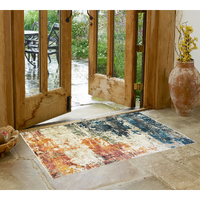 2' X 3' Beige Blue and Ivory Abstract Distressed Area Rug With Fringe
