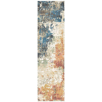 8' Beige Blue and Ivory Abstract Distressed Runner Rug With Fringe