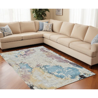 5' X 8' Beige and Blue Abstract Distressed Area Rug