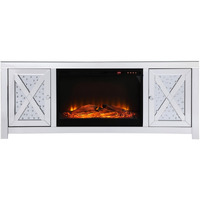 59 in. crystal mirrored TV stand with wood log insert fireplace