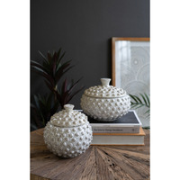 SET OF TWO ROUND KNOBBY WHITE CERAMIC  CANISTERS - SEA URCHINS