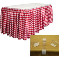 SKTcheck30x29-15Lclips-RedK98 Oversized Checkered Table Skirt with 15 L-Clips, White & Red - 30 ft. x 29 in.