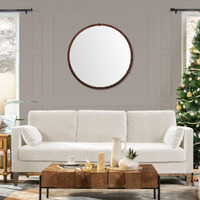 Hausen 31.5" Mid-Century Modern Round Accent Wall Mirror, Brown Walnut Wood & Veneer