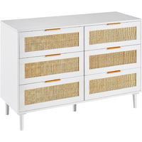 VEVOR 6 Drawer Rattan Dresser, Boho Dresser, Rattan Chest of Drawers with Spacious Storage, Natural Rattan Dresser for Bedroom, Living Room & Hallway, Rattan Nightstand with Sturdy Handles&Legs, White