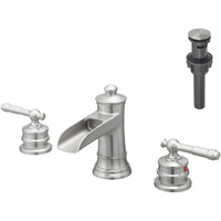 Waterfall Bathroom Sink Faucet 3 Hole Dual Handle 8 Inch Bath Faucet with Plastic Perforated Drainer