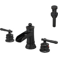Waterfall Bathroom Sink Faucet 3 Hole Dual Handle 8 Inch Bath Faucet with Plastic Perforated Drainer