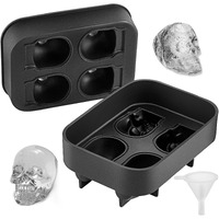 VEVOR Skull Ice Cube Tray, 4-Grid Skull Ice Ball Maker, Flexible Black Silicone Ice Tray with Lid & Funnel, Funny Skull Ice Cubes 1.6"x1.8" Each for Beverage, Chocolate, etc. on Parties & Holidays