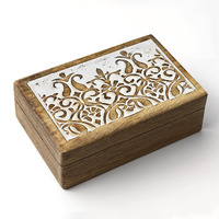 STORE INDYA Wooden Hand Carved Decorative Box with Floral Carving On Top | Treasure Box Jewelry Organizer Keepsake Box Treasure Chest Trinket Holder Watch Box Gifts for her Girl Women